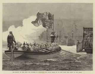 De Aankomst van de Hertog en Hertogin van Edinburgh, de Koninklijke Barge op Weg van het Jacht naar de Kust